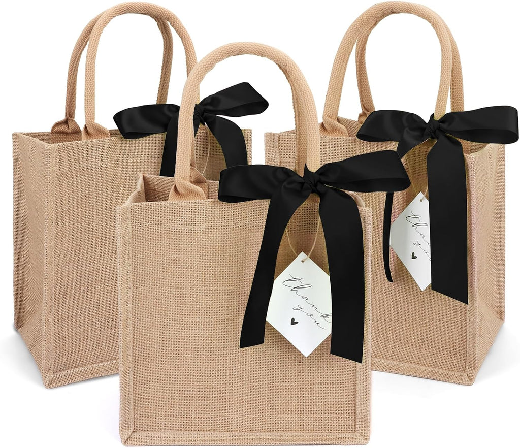 6 Pack Burlap Tote Bags with Handles Reusable Small Jute Gift Bags with Black Silk Ribbons Waterproof Lining for Wedding Bridesmaid Mother's Day Bachelorette Beach Party
