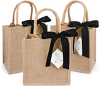 6 Pack Burlap Tote Bags with Handles Reusable Small Jute Gift Bags with Black Silk Ribbons Waterproof Lining for Wedding Bridesmaid Mother's Day Bachelorette Beach Party