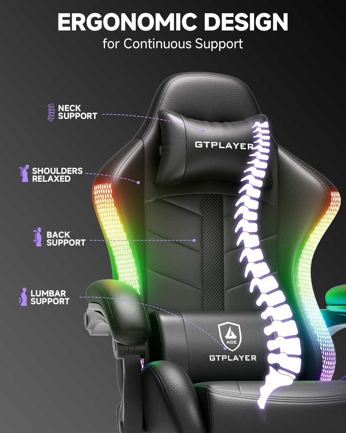 GTPLAYER RGB Gaming Chair with Footrest, Computer Gaming Chair with LED Lights for Adults, Height Adjustable PC Gamer Chair with 90-155° Recline & Removable Headrest Lumbar Support, RGB Black