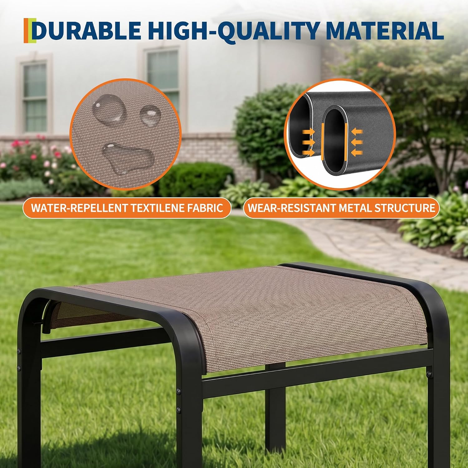 Outdoor Ottoman Set of 2, Outdoor Foot Stool with Textliene Fabric, Metal Frame, Stackable Oversized Foot Rest for Patio Garden Pool, Light Brown