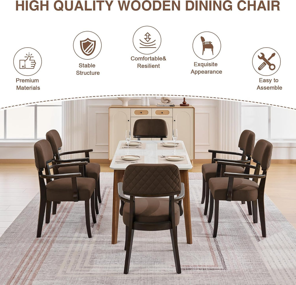 adochr Modern Wood Dining Chairs with Arms, Velvet Upholstered Kitchen Chairs with Open Curved Backrest & Hardwood Legs, Accent Chairs 350 LBS Capacity, Brown