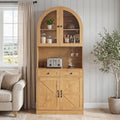 Merax 75'' Farmhouse Arched Kitchen Pantry with Charging Station | Kitchen Hutch with Adjustable Shelves, Open Countertop & Glass Holders, Versatile Cupboard for Dining Room Living Room