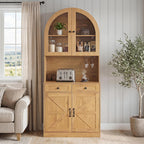 Merax 75'' Farmhouse Arched Kitchen Pantry with Charging Station | Kitchen Hutch with Adjustable Shelves, Open Countertop & Glass Holders, Versatile Cupboard for Dining Room Living Room