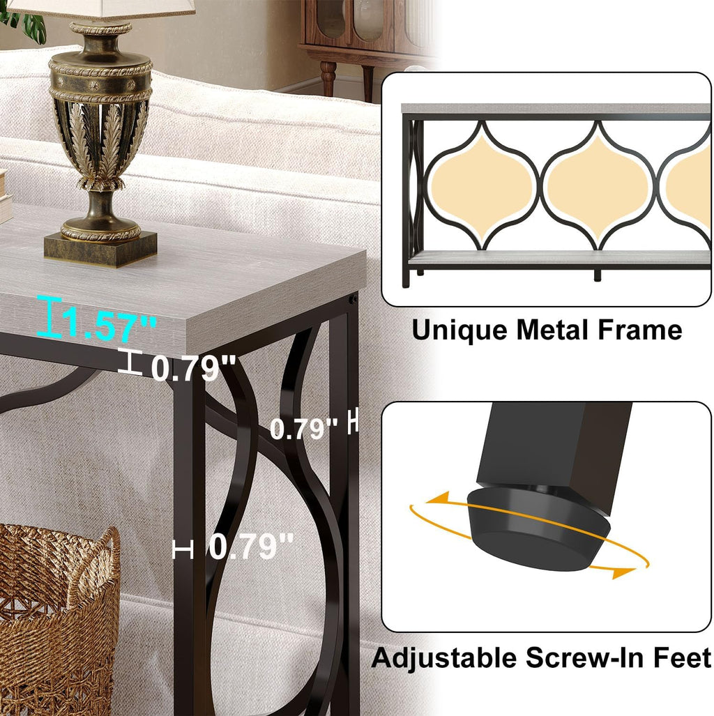IBF Narrow extra long Sofa Console Table, 63 Inch Modern Entryway Table Behind Couch with Storage shelf, 2-Tier Industrial Wooden Metal Hallway Accent Sofa Tables for Living Room Foyer, Light Grey Oak