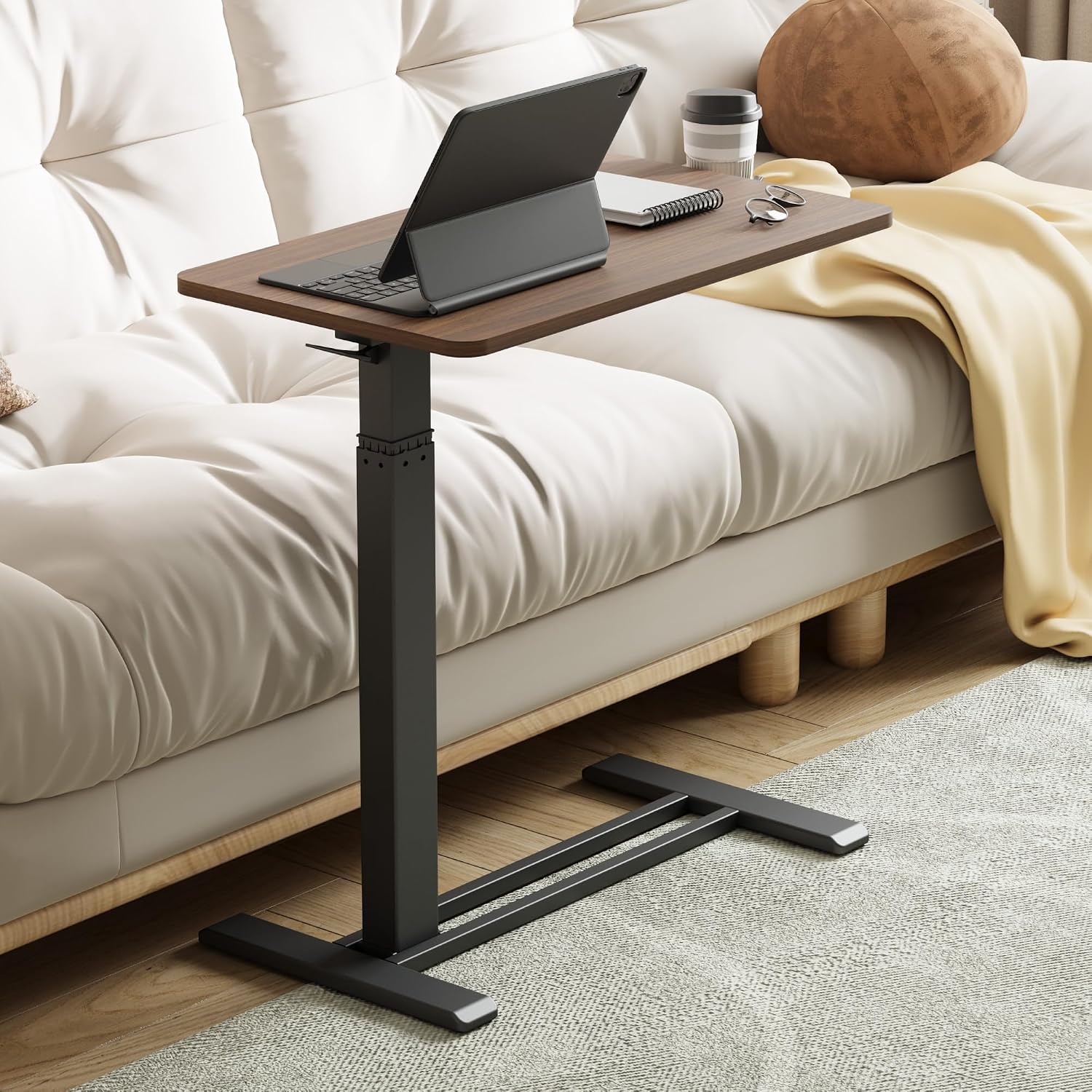 28'' Medical Overbed Bedside Table with Wheels,Rolling Table | 28''x16'' Mahogany Pneumatic Tilting Desktop,Overbed Bedside Table with Hidden Casters for Hospital Use