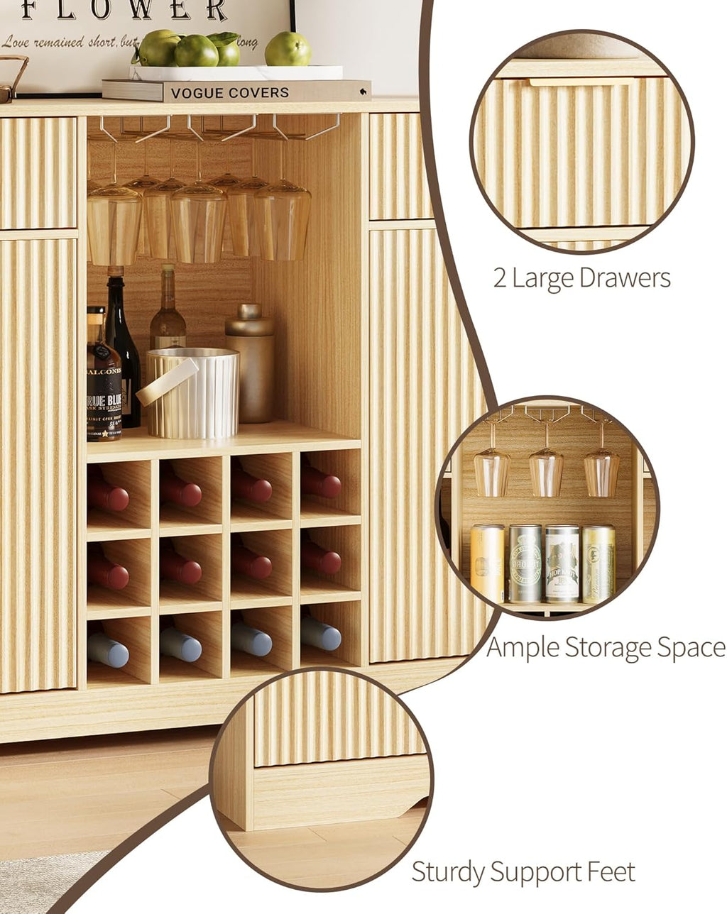 55" Fluted Wine Bar Cabinet - Coffee Bar Cabinets for Home with Storage, 2 Door & 2 Drawer Buffet Sideboard with Liquor Rack and Glass Holder, Alcohol Indoor Bars for Living Room, Kitchen