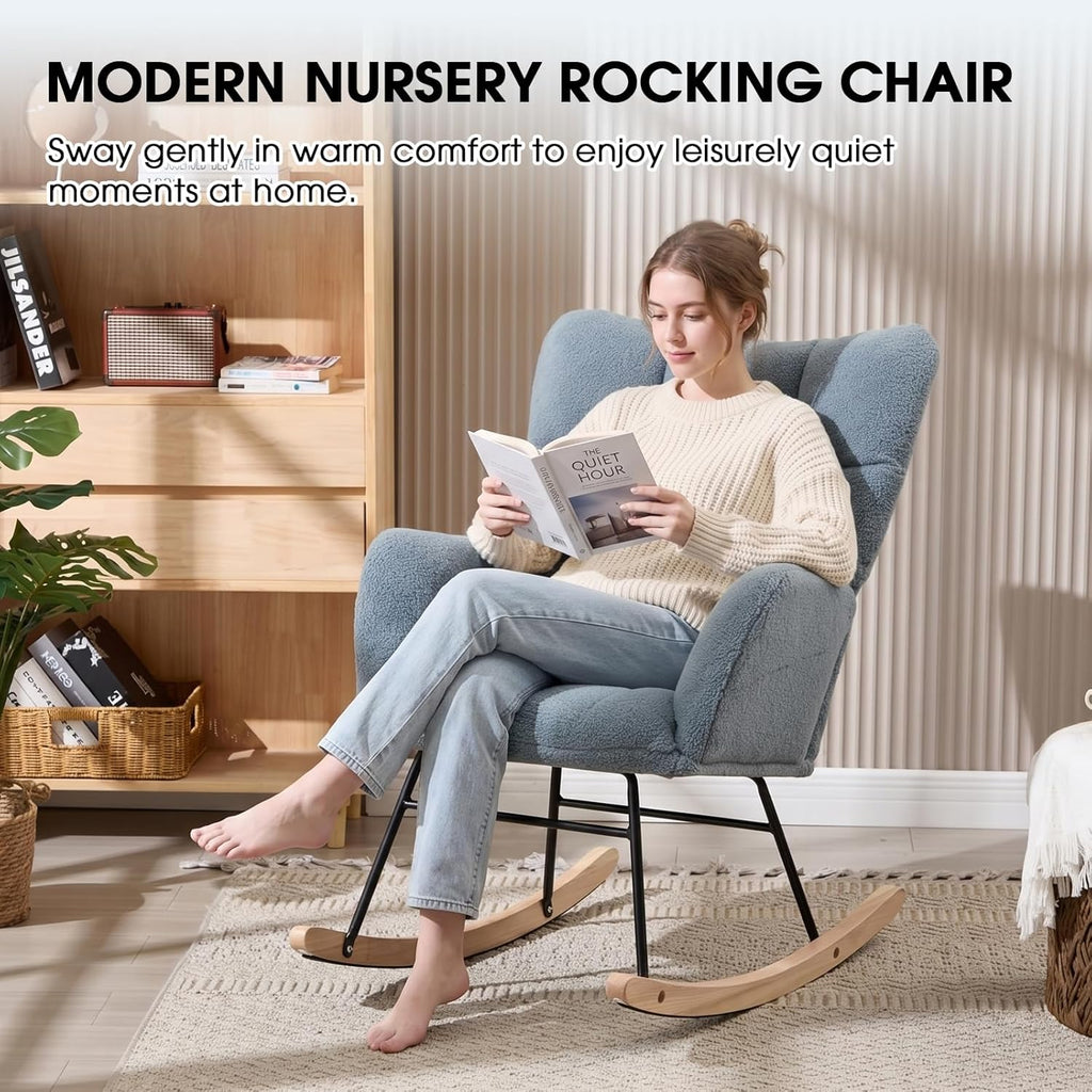 Nursery Rocking Chair, Teddy Upholstered Glider Chair with High Backrest, Tufted Rocker Glider Chair with Thick Cushion, Cozy Rocking Armchair, Rocker Padded Seat for Bedroom(Blue)