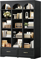 UPOSOJA 73.3" H Triple Wide Bookshelf with 2 Drawers, 6 Tier Tall Bookcase with Storage, Large Bookcase with 5 Adjustable Shelves, Wood Bookshelves and Bookcases for Home Office (Black)