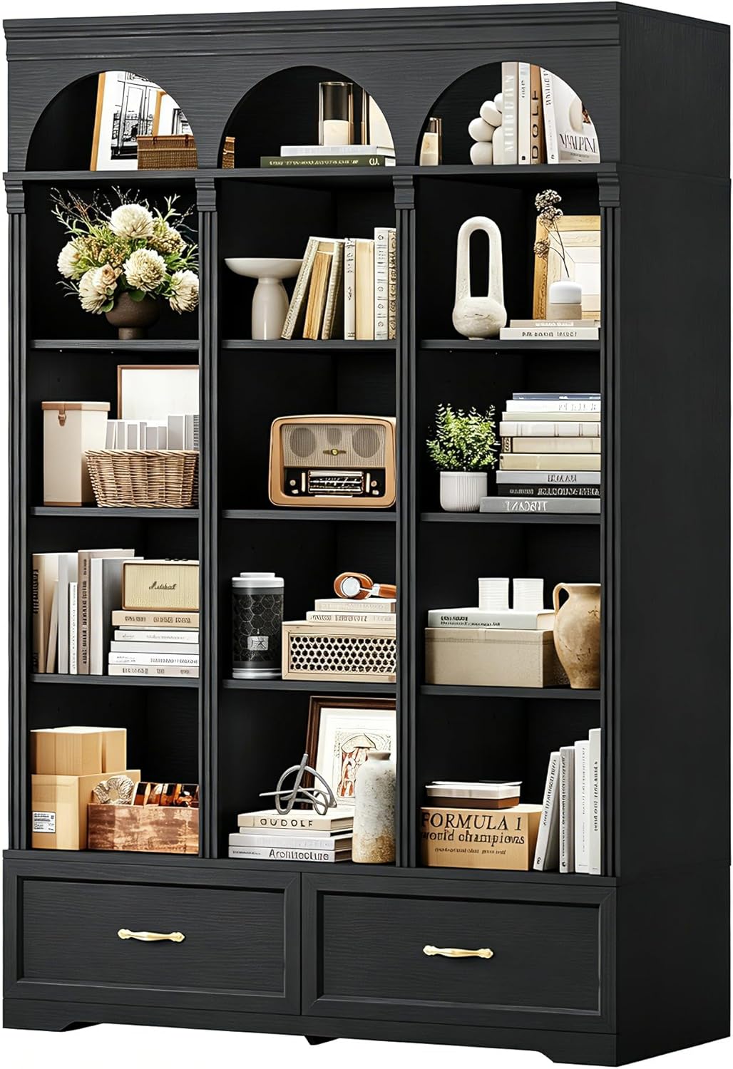 UPOSOJA 73.3" H Triple Wide Bookshelf with 2 Drawers, 6 Tier Tall Bookcase with Storage, Large Bookcase with 5 Adjustable Shelves, Wood Bookshelves and Bookcases for Home Office (Black)