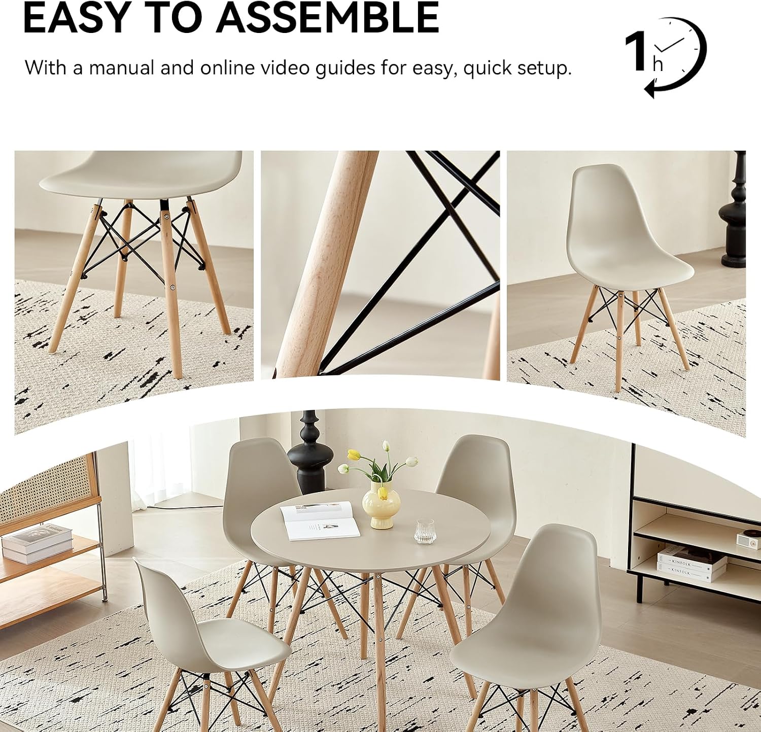 5-Piece Round Dining Table Set, Small 35.5" Kitchen Table Chairs Set of 4 Space Saving Furniture, Plastic Seats, Solid Wood Legs, for Living Room Apartment Office Home, Sand