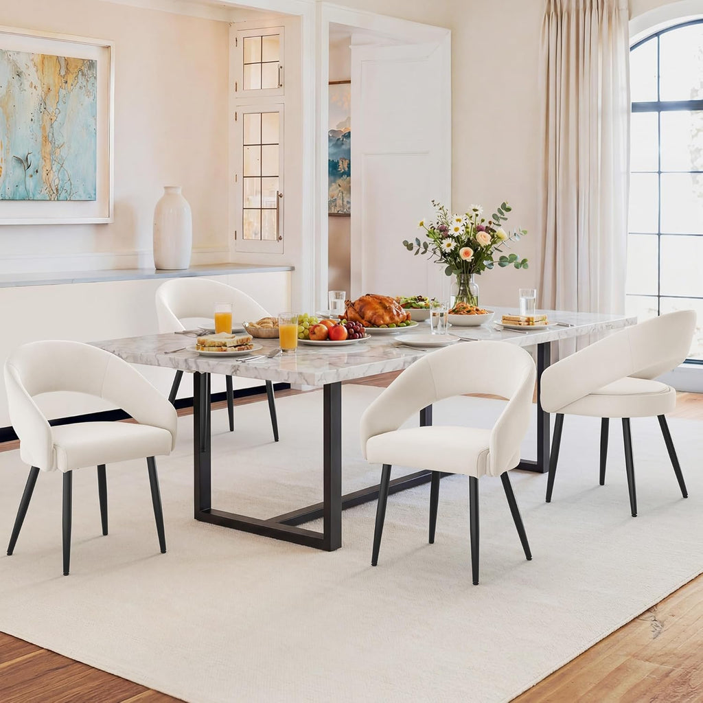 LUE BONA Modern Dining Chairs Set of 4, Upholstered Armrest Side Chairs for Kitchen & Dining Room, 18.5" Seat Height, Comfortable Curved Hollow Backrest, Black Metal Legs, Easy Assembly, Beige
