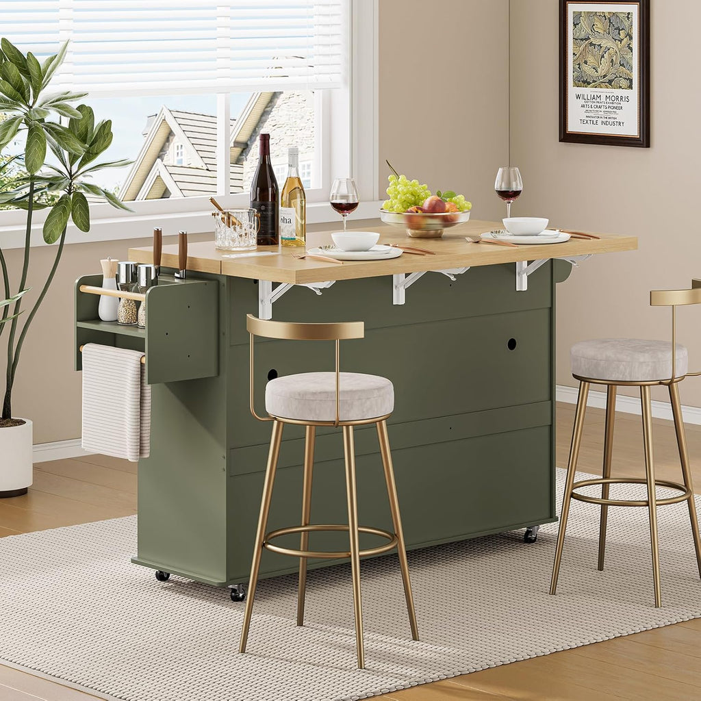ONBRILL 60" Kitchen Island with Power Outlet & Drop Leaf, Rolling Island with Spice Rack & Towel Rack, Kitchen Island Cart with Trash Storage Cabinet, Island Table for Kitchen, Green