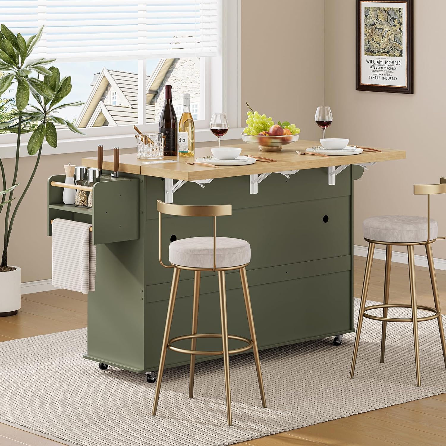 ONBRILL 60" Kitchen Island with Power Outlet & Drop Leaf, Rolling Island with Spice Rack & Towel Rack, Kitchen Island Cart with Trash Storage Cabinet, Island Table for Kitchen, Green
