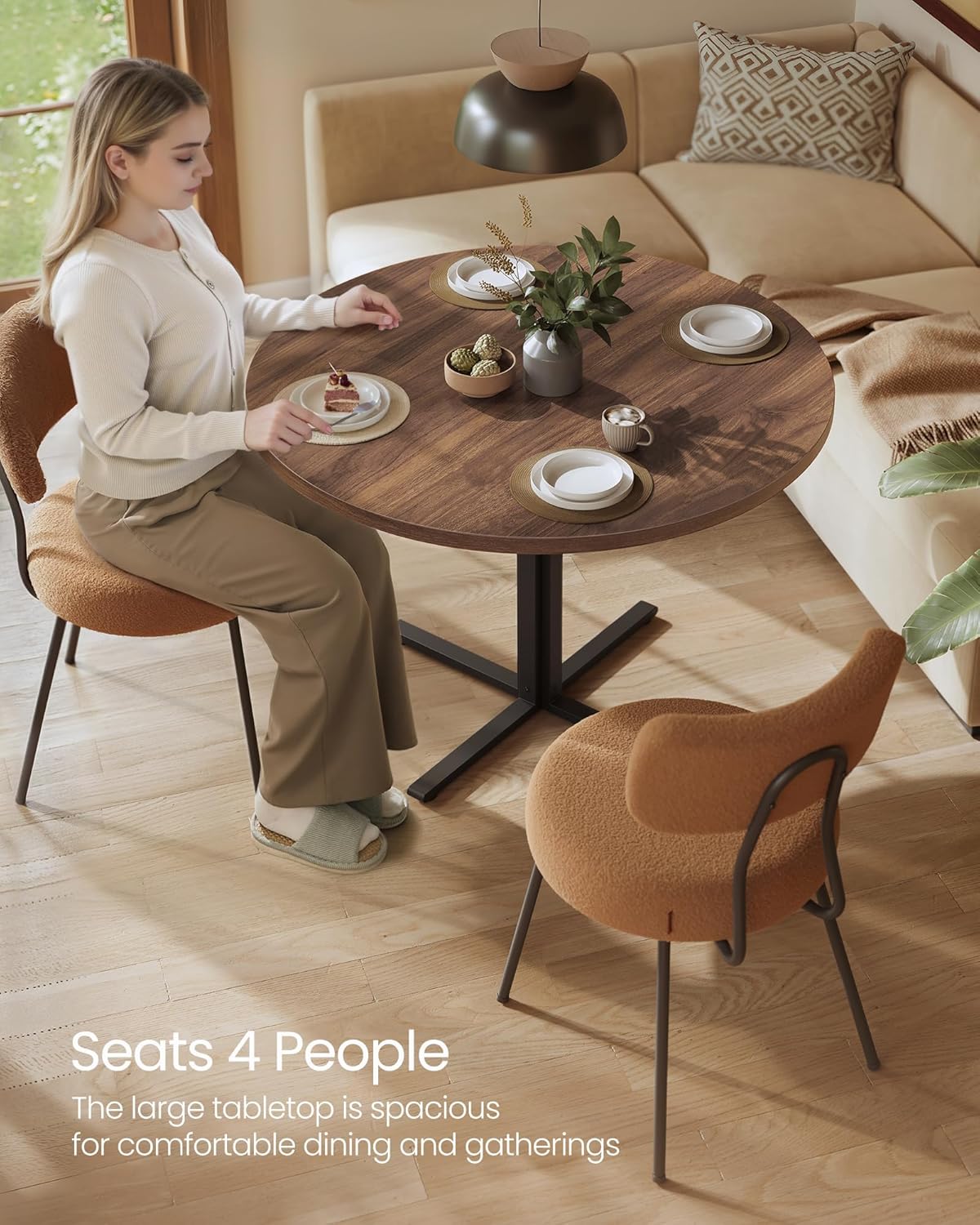 VASAGLE Dining Table Set, Round Dining Table with 2 Upholstered Kitchen Chairs, for Small Spaces, Kitchen, Living Room, Steel Frame, Modern Style, Somber Walnut and Coffee Brown UZH2507010