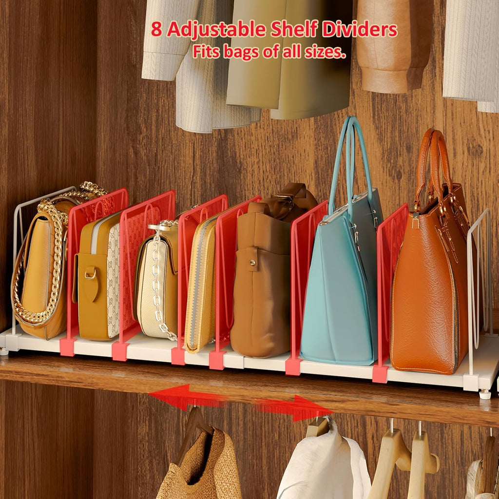 Dmevkic Extendable Purse Organizers Purse Storage. Length 16-28 in. Bag Organizer Purse Holder for Closet with 8 Adjustable Shelf Dividers Patent Pending