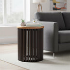 SIMPLIHOME Demy Accent Table - 18 inch Wide Solid Mango Wood and Metal Round Side Table in Earthtone/Ebony, Modern End Table for Living Room or Bedroom with Slatted Base Design, Assembled