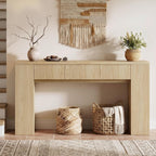 Entryway Table with 3 Drawers and Charging Station, 63" Console Table with LED Lights & Side Storage, Narrow Wooden Sofa Tables for Hallway, Foyer, Living Room, Natural Oak