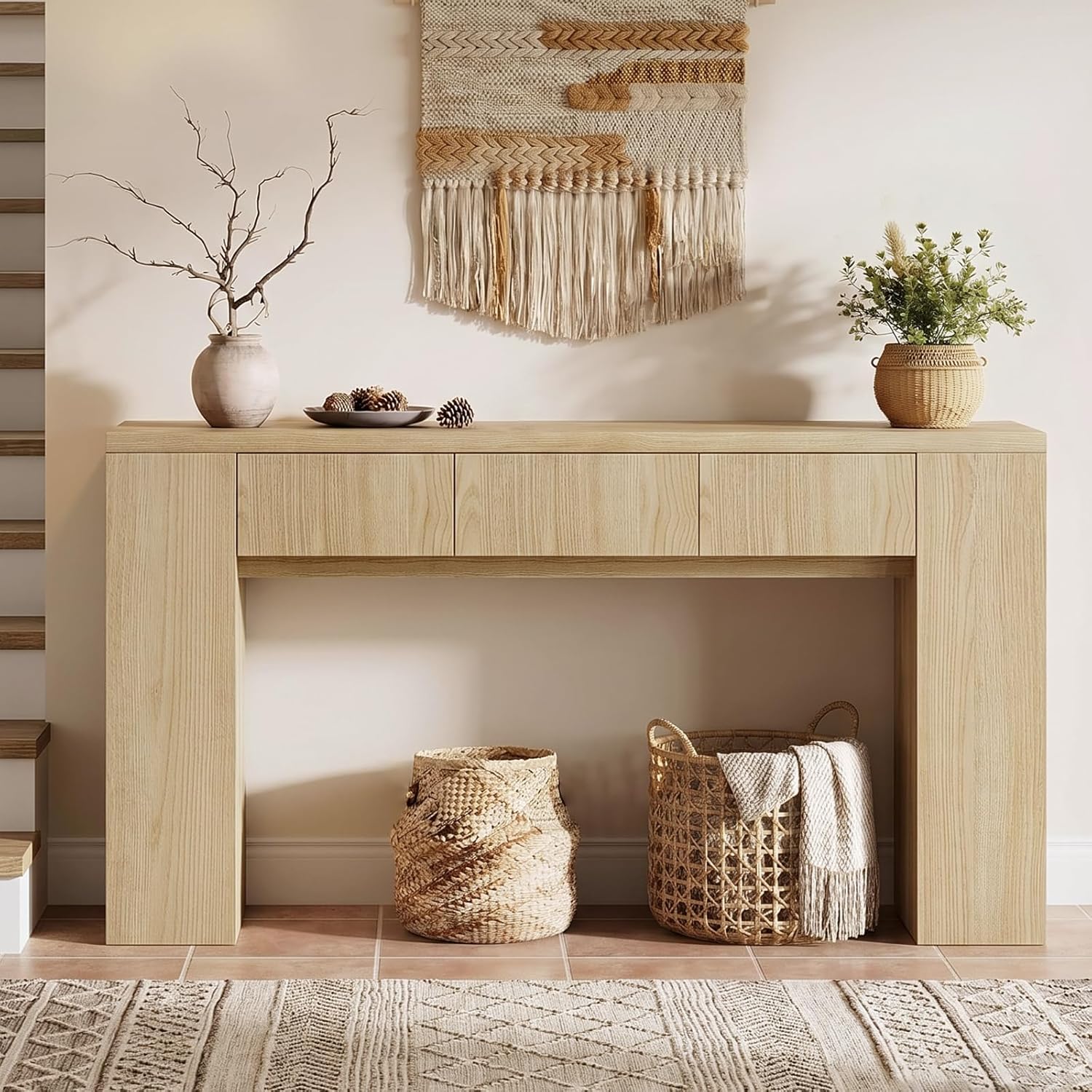 Entryway Table with 3 Drawers and Charging Station, 63" Console Table with LED Lights & Side Storage, Narrow Wooden Sofa Tables for Hallway, Foyer, Living Room, Natural Oak