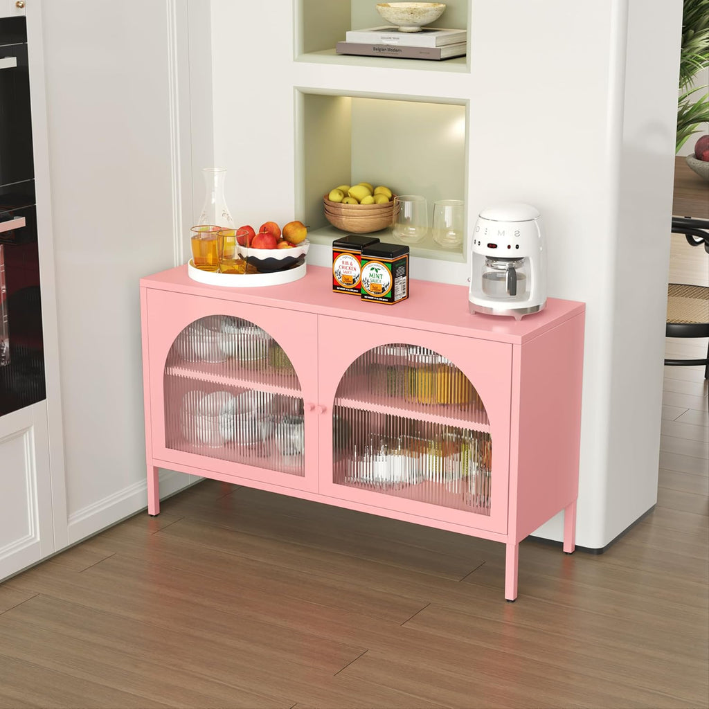 Metal TV Stand, Accent Storage Cabinet with 2 Acrylic Doors, Pink Locker Cabinet with Adjustable Shelf, Side Cabinet for Home,Office,Entryway,Dining/Living Room,Bedroom,Pink