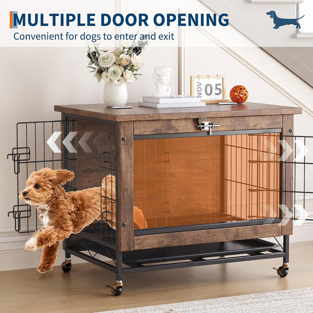 Rustic Brown Wooden Dog Crate End Table with Dual Doors & Lockable Wheels, Indoor Kennel for Small Medium Dogs 26.4" w×19.7" d×25.6" h