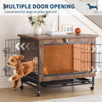 Rustic Brown Wooden Dog Crate End Table with Dual Doors & Lockable Wheels, Indoor Kennel for Small Medium Dogs 26.4" w×19.7" d×25.6" h
