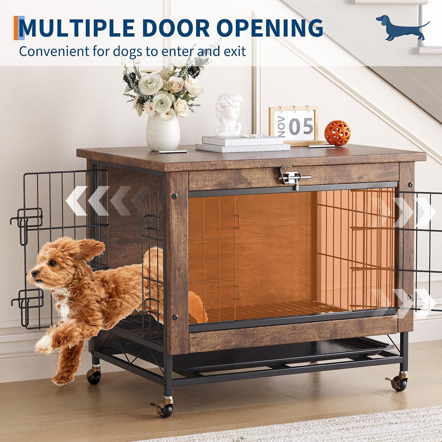 Rustic Brown Wooden Dog Crate End Table with Dual Doors & Lockable Wheels, Indoor Kennel for Small Medium Dogs 26.4" w×19.7" d×25.6" h