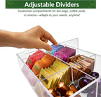 Acrylic Tea Bag Organizer - Clear Tea Storage Box, K Cup Coffee Pods Holder with 8 Compartments, Tea Station Organizer for Countertop, Modern Tea Display Stand