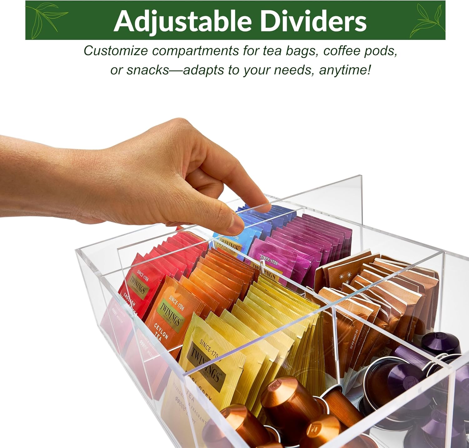 Acrylic Tea Bag Organizer - Clear Tea Storage Box, K Cup Coffee Pods Holder with 8 Compartments, Tea Station Organizer for Countertop, Modern Tea Display Stand