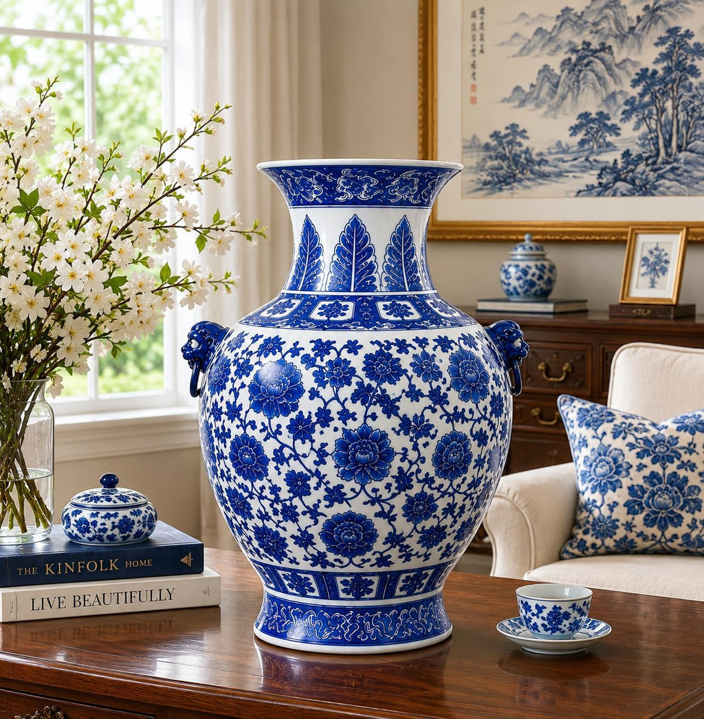 16“ Classic Blue and White Floral Porcelain Vase, Double Lion Head Ears Ceramic China Ming Style
