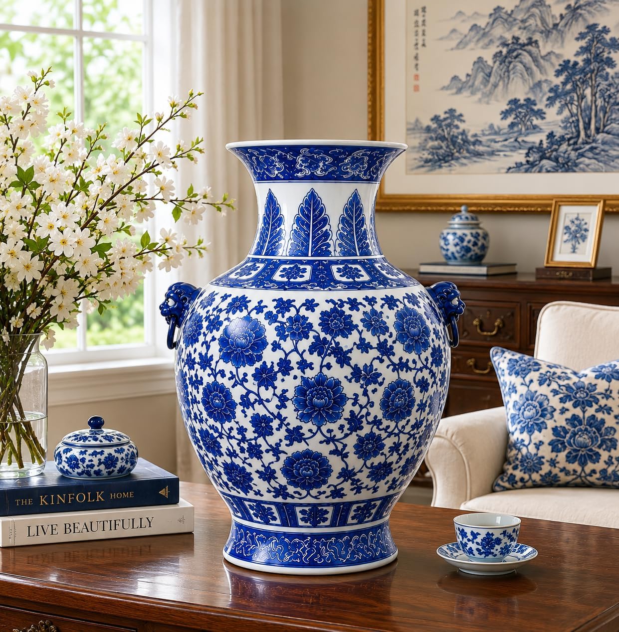 16“ Classic Blue and White Floral Porcelain Vase, Double Lion Head Ears Ceramic China Ming Style
