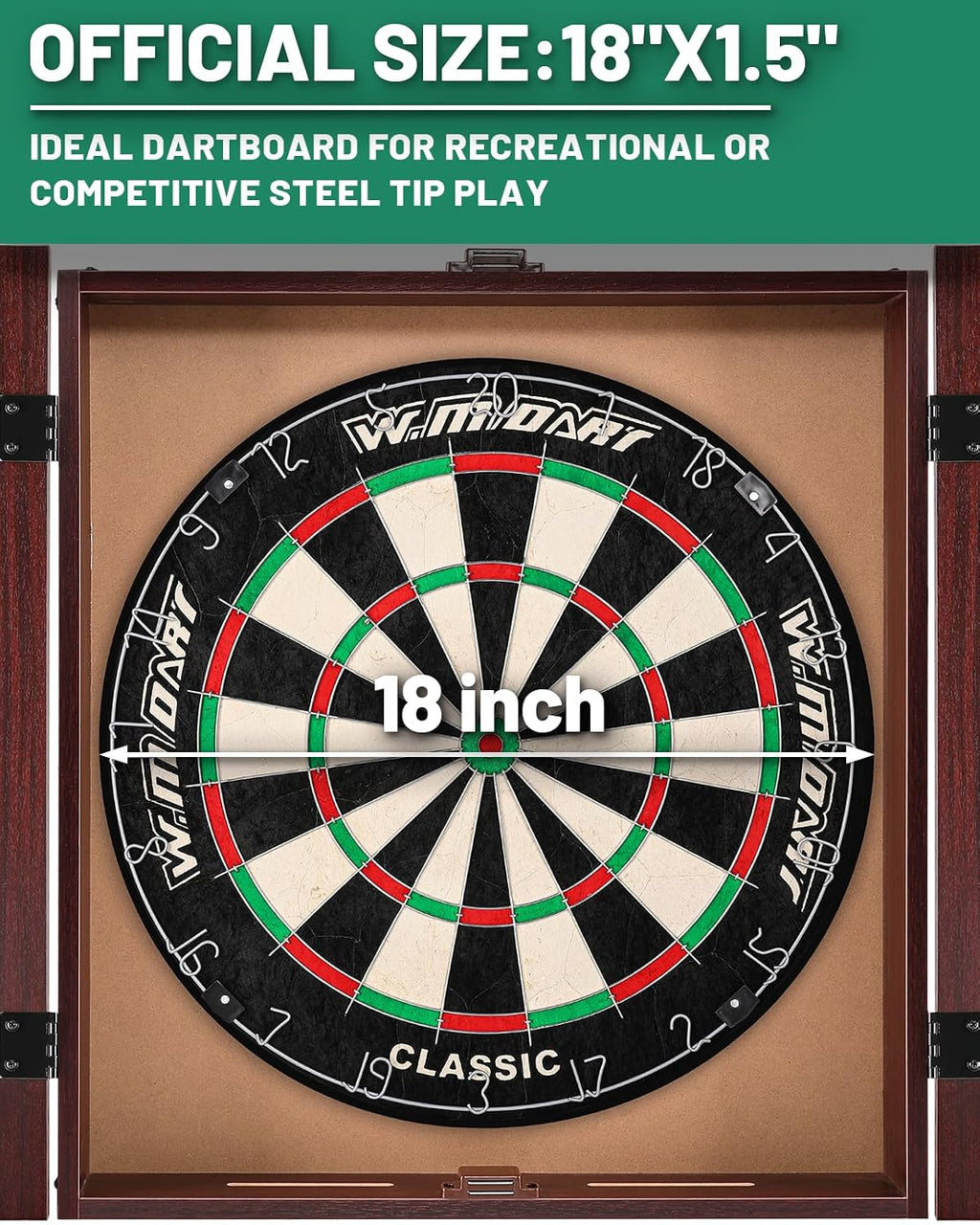 Dart Board Cabinet Set for Adults, 18-inch Dartboard with 6 Steel Tip Darts | Self‑Healing Fibers, Chalkboard Scoring, Rotating Number Ring, Regulation Size for Game Room, Man Cave and Home Bar, Brown