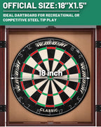 Dart Board Cabinet Set for Adults, 18-inch Dartboard with 6 Steel Tip Darts | Self‑Healing Fibers, Chalkboard Scoring, Rotating Number Ring, Regulation Size for Game Room, Man Cave and Home Bar, Brown