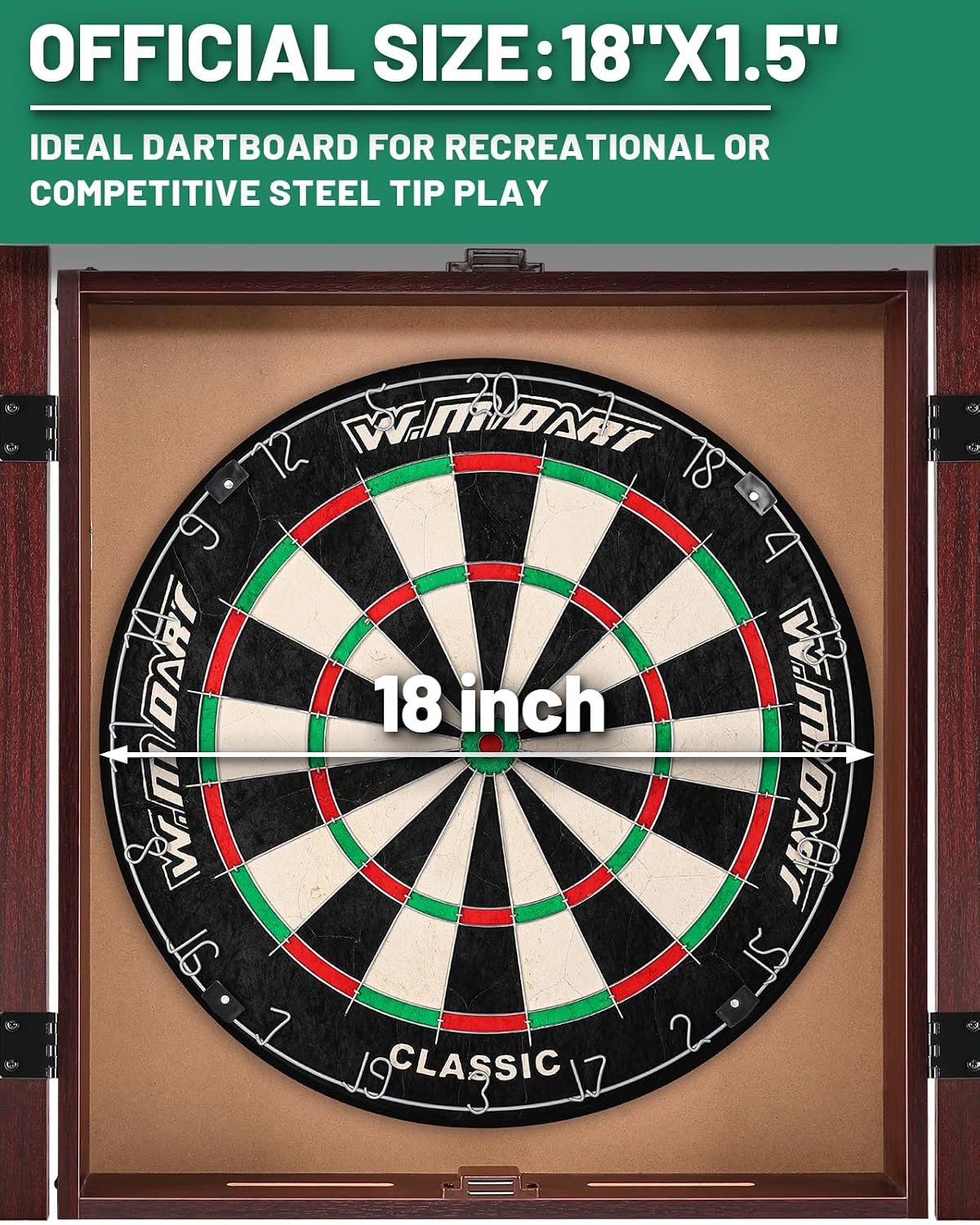 Dart Board Cabinet Set for Adults, 18-inch Dartboard with 6 Steel Tip Darts | Self‑Healing Fibers, Chalkboard Scoring, Rotating Number Ring, Regulation Size for Game Room, Man Cave and Home Bar, Brown