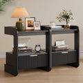 Nightstands Set of 2, Fluted Bedside Tables with Amber Glass Top | Hidden Drawer Storage, Open Display Shelf, Rounded Corner Design, Easy Assembly, Bedroom, Apartment, Guest Room Use
