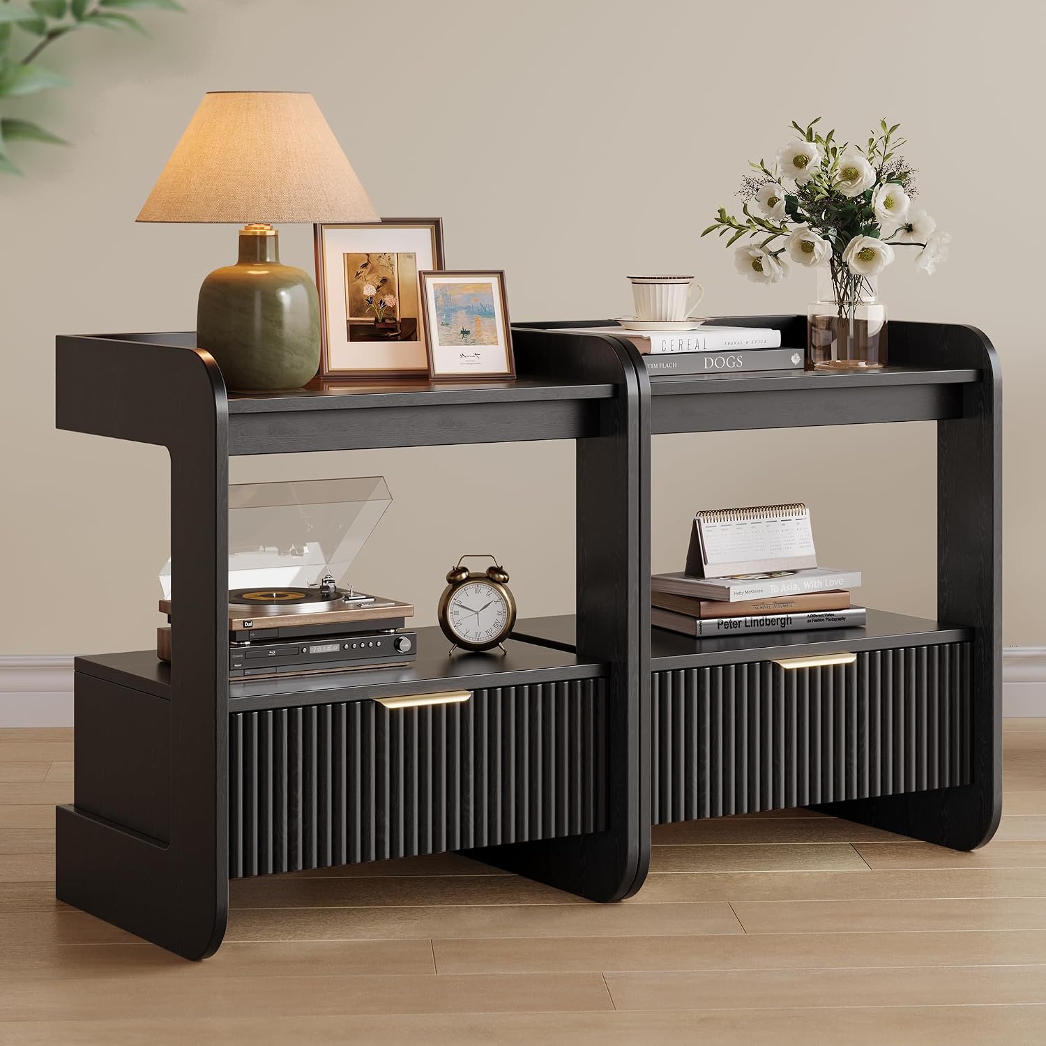 Nightstands Set of 2, Fluted Bedside Tables with Amber Glass Top | Hidden Drawer Storage, Open Display Shelf, Rounded Corner Design, Easy Assembly, Bedroom, Apartment, Guest Room Use