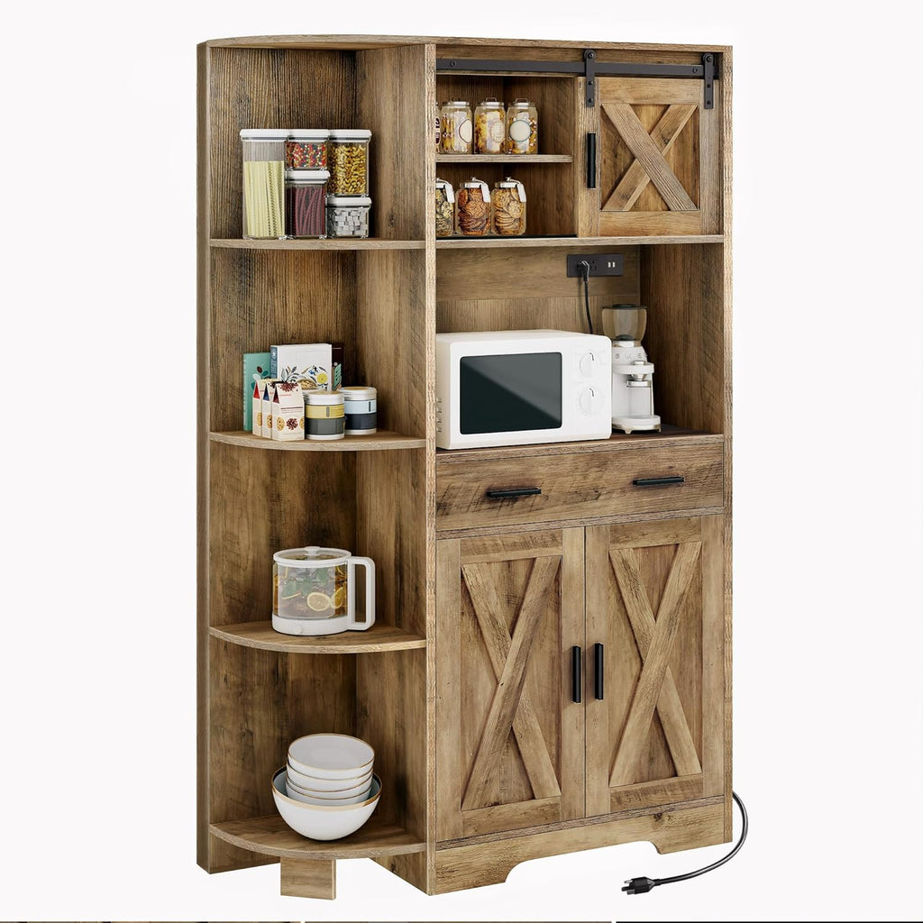 DWVO 67.3" Farmhouse Kitchen Pantry, Storage Cabinet Baker Rack with Power Outlet, Freestanding Hutch with Barn Door & Drawer, Buffet Sideboard with Microwave Stand for Dining Room, Rustic Brown