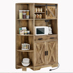 DWVO 67.3" Farmhouse Kitchen Pantry, Storage Cabinet Baker Rack with Power Outlet, Freestanding Hutch with Barn Door & Drawer, Buffet Sideboard with Microwave Stand for Dining Room, Rustic Brown