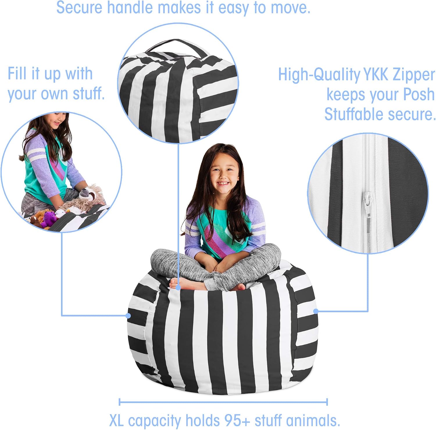 Posh Stuffable Kids Stuffed Animal Storage Bean Bag Chair Cover - Childrens Toy Organizer, Large 38" - Canvas Stripes Gray and White