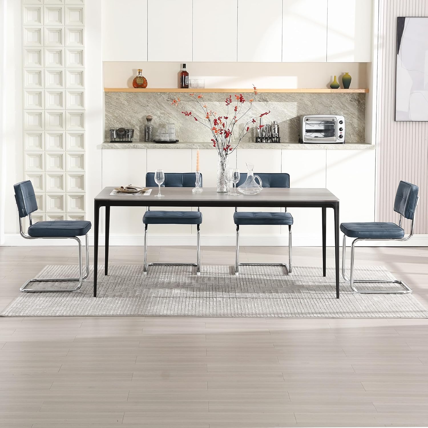 Zesthouse Faux Leather Dining Chairs Set of 6, Industrial Metal Chairs with Stainless Chrome Legs, Mid Century Modern Cesca Chair for Kitchen & Dining Living Room, Upholstered Armless Chair, Blue