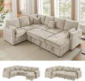 112'' Sectional Sleeper Sofa with Pull Out Bed, U Shaped 7 Seater Modular Sectional Sofa with Storage Chaise, Modern Sectional Sofas & Couches with 4 Pillows, Chenille Sofa Bed for Living Room, Camel