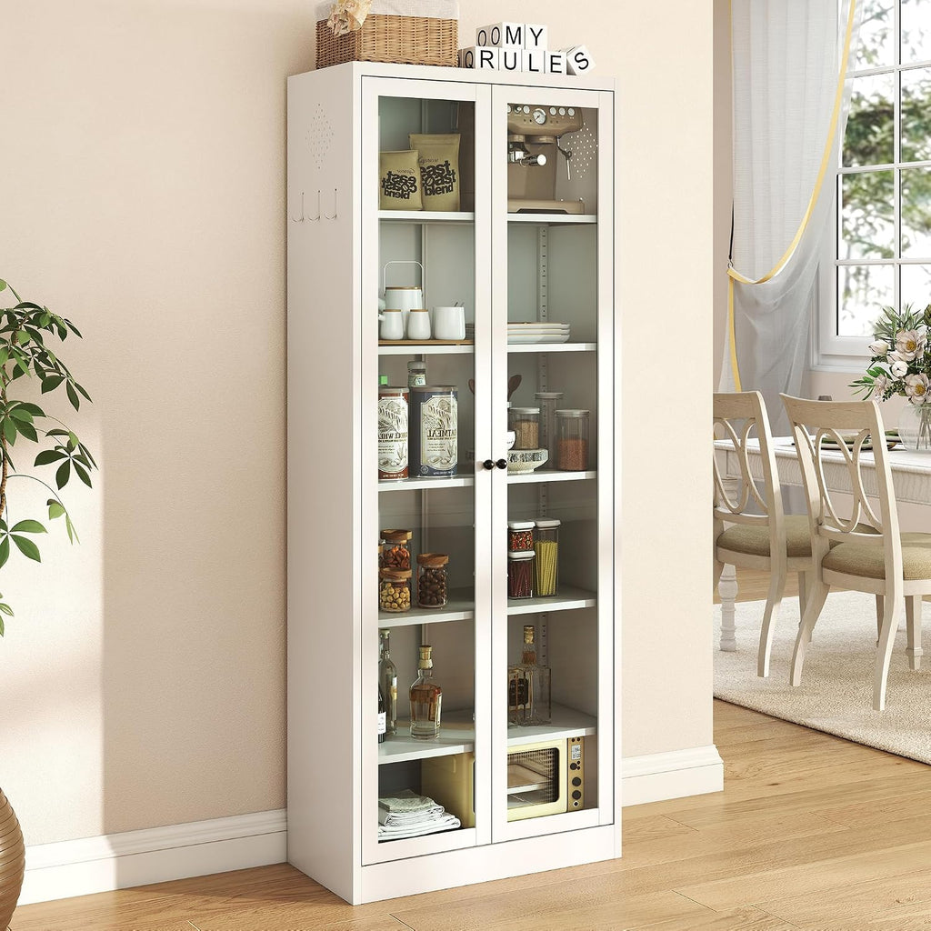 Metal Pantry Cabinet, 72" Tall Kitchen Pantry Cabinet with 2 Doors & 5 Adjustable Shelves, White Free Standing Cabinets for Living Room, Dining Room, Home Office, Basement
