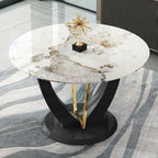 42" Round Dining Table for 4-6, Modern Faux Marble Kitchen Tabletop with Black Wood Pedestal and Gold Metal Frame, Circle Dinner Table for Dining Room