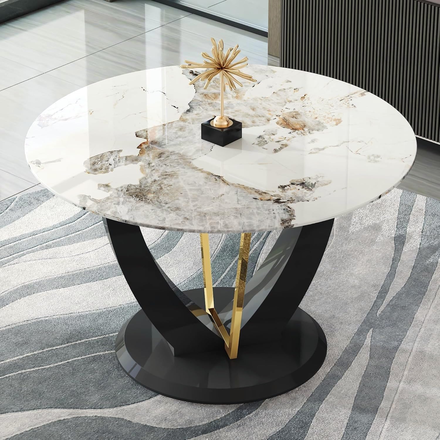 42" Round Dining Table for 4-6, Modern Faux Marble Kitchen Tabletop with Black Wood Pedestal and Gold Metal Frame, Circle Dinner Table for Dining Room
