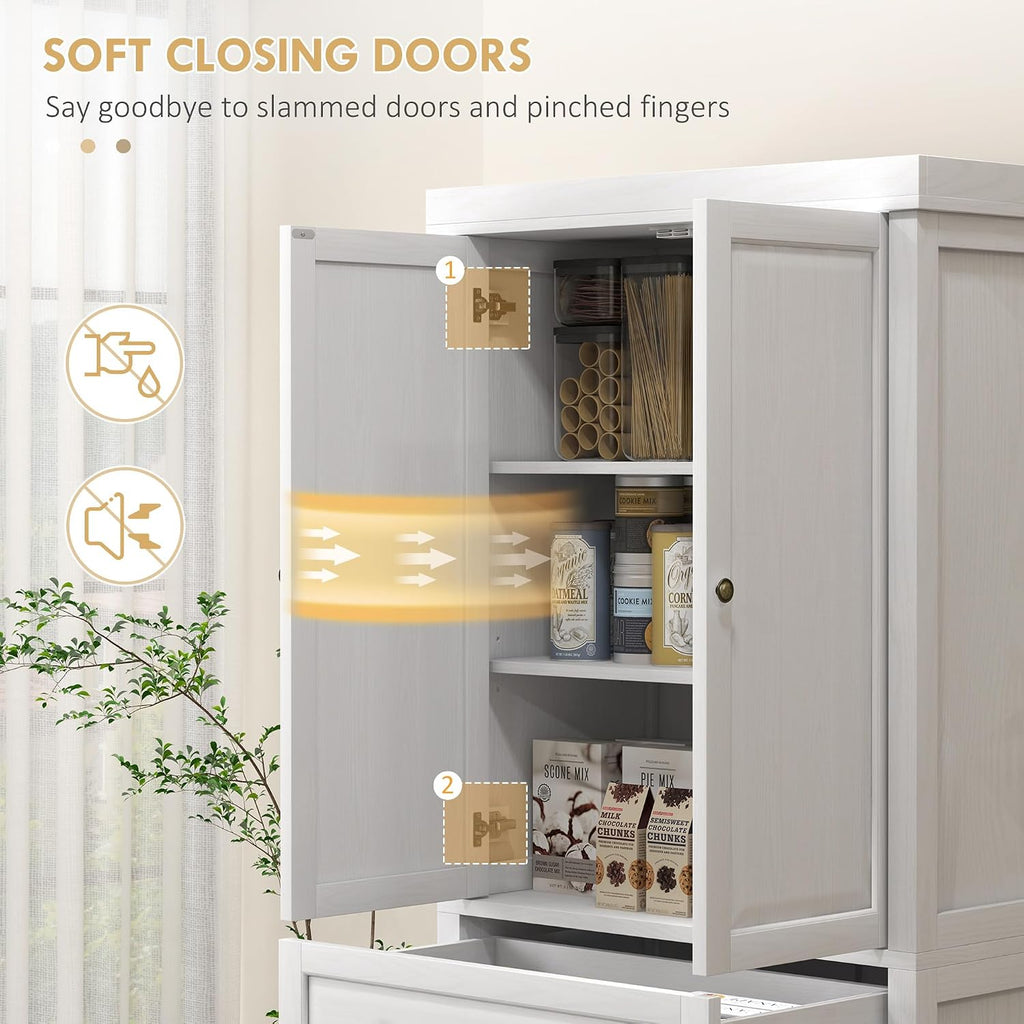 72.5" Tall Farmhouse Kitchen Pantry Storage Cabinet, Freestanding Kitchen Cabinet with 4 Doors, Drawer and Adjustable Shelves for Dining Room, Distressed White,16 * 30 * 72.5