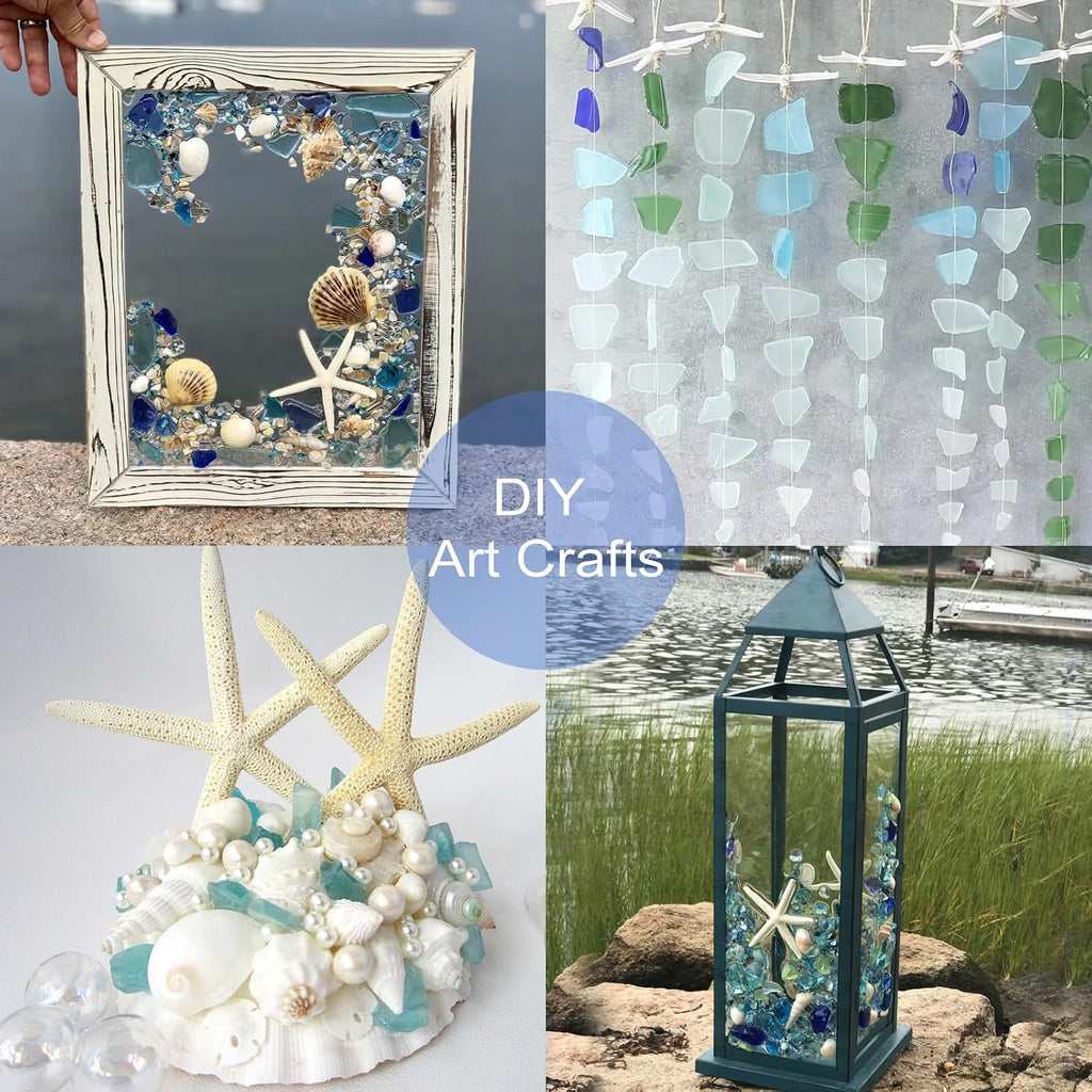 JQAQJU 8PCS Starfish & 9OZ Green Sea Glass Decor for Crafts, Frosted Seaglass Pieces & Starfish, Beach Glass for Crafts Wedding DIY Crafting Ornaments Christmas