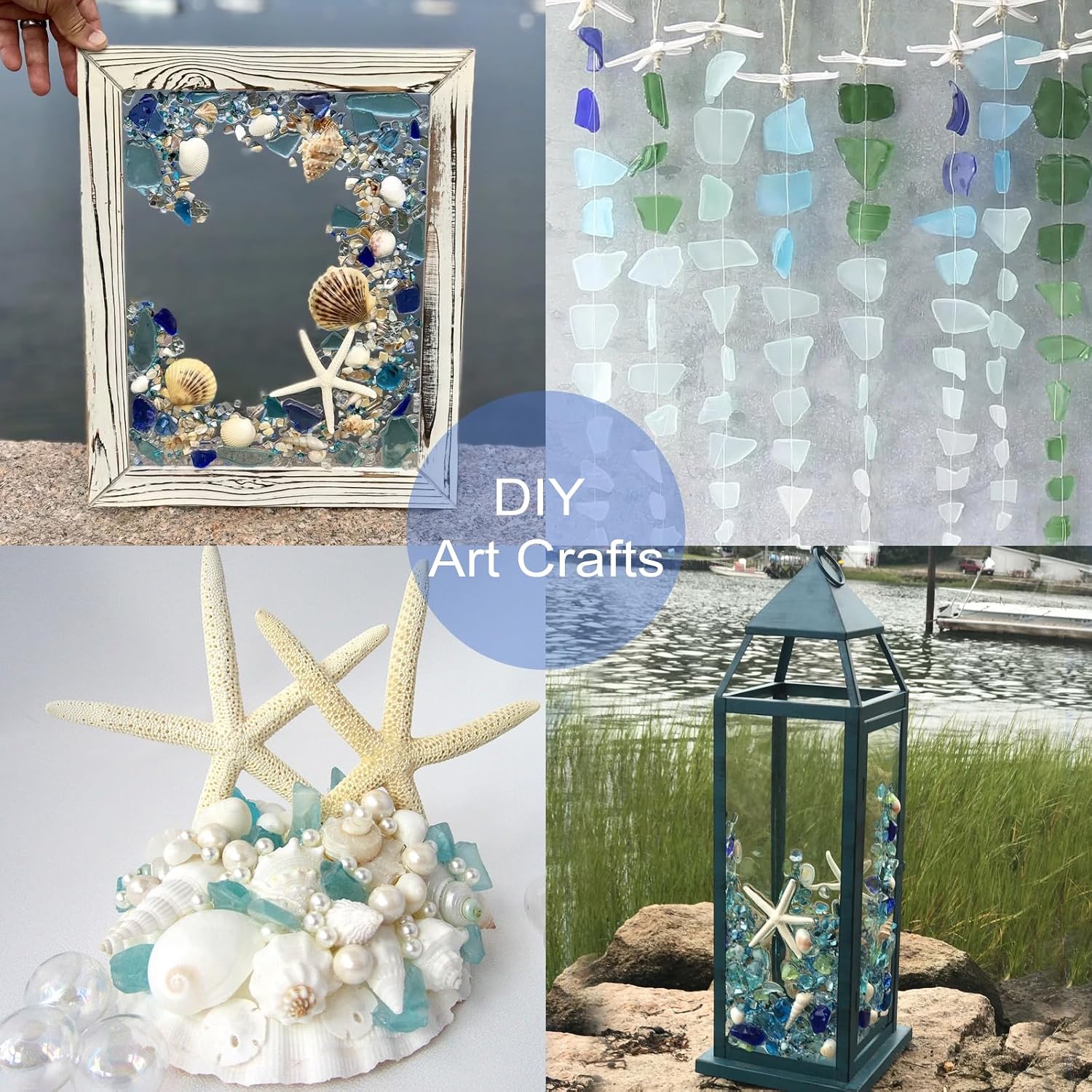 JQAQJU 8PCS Starfish & 9OZ Green Sea Glass Decor for Crafts, Frosted Seaglass Pieces & Starfish, Beach Glass for Crafts Wedding DIY Crafting Ornaments Christmas