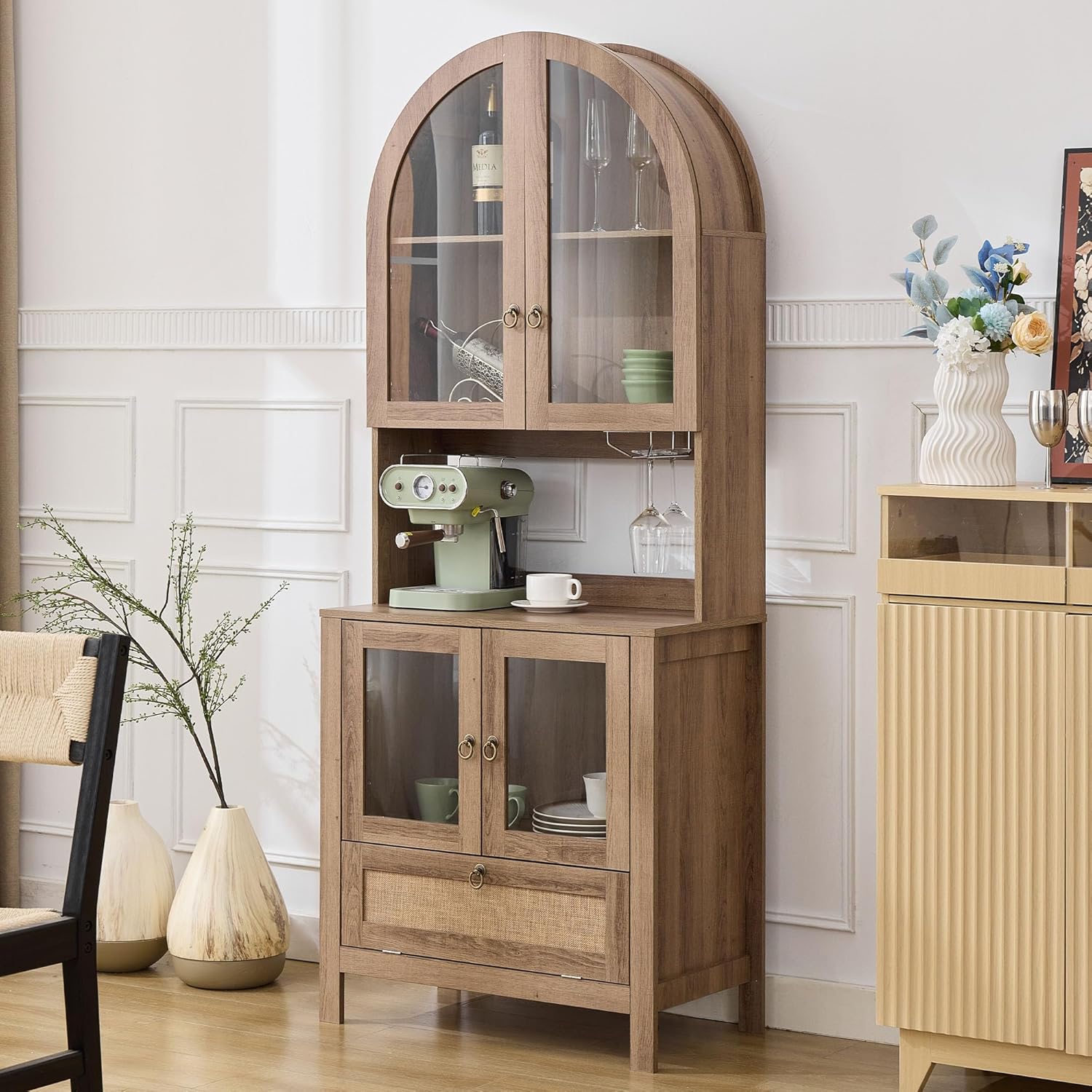 TYBOATLE 75'' Tall Arched Pantry Cabinet w/Accessible Storage Area, China Cabinet w/Anti-Tipping Device and Innovative Drawer, Versatile Cupboard for Kitchen, Dining