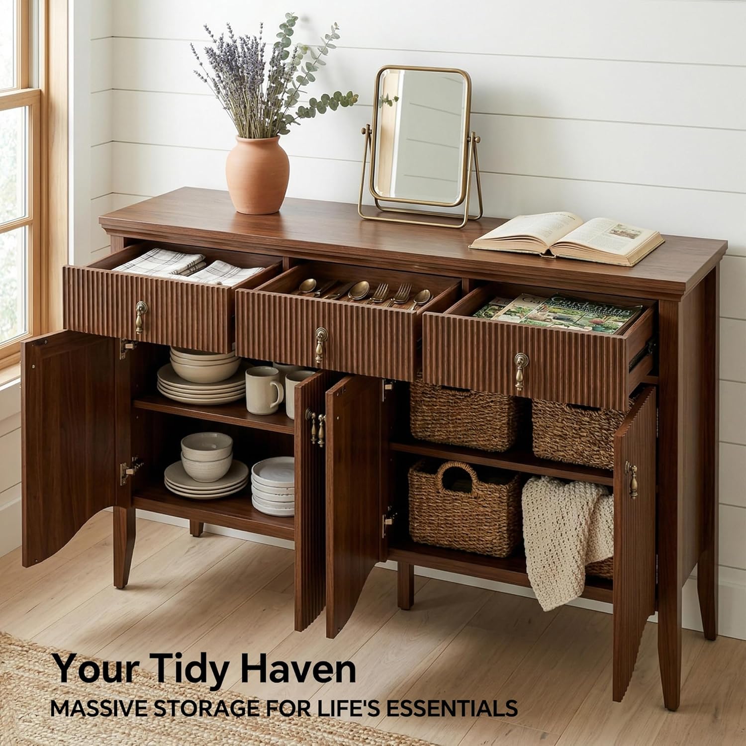FUSUNBAO 57" Fluted Sideboard Buffet,Retro Storage Cabinet, Walnut | 3 Drawers and 4 Doors, Vintage Fluted with Scalloped Base, Organic Modern Accent Cabinet, For Dining Room