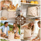 Beeswax Bread Bags for Sourdough, 2 pcs Reusable XL Zipper Beeswax Bread Bags for Homemade Bread Sourdough, Cotton Linen Food Storage Bag for Picnics, Pantry, Long-Lasting Freshness (Rose+Checkered)