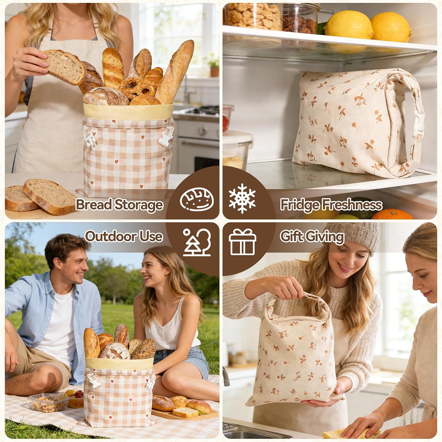 Beeswax Bread Bags for Sourdough, 2 pcs Reusable XL Zipper Beeswax Bread Bags for Homemade Bread Sourdough, Cotton Linen Food Storage Bag for Picnics, Pantry, Long-Lasting Freshness (Rose+Checkered)